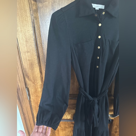 LOFT Black Long Sleeve Button-Front Tie-Waist Shirt Dress - Picture 3 of 7